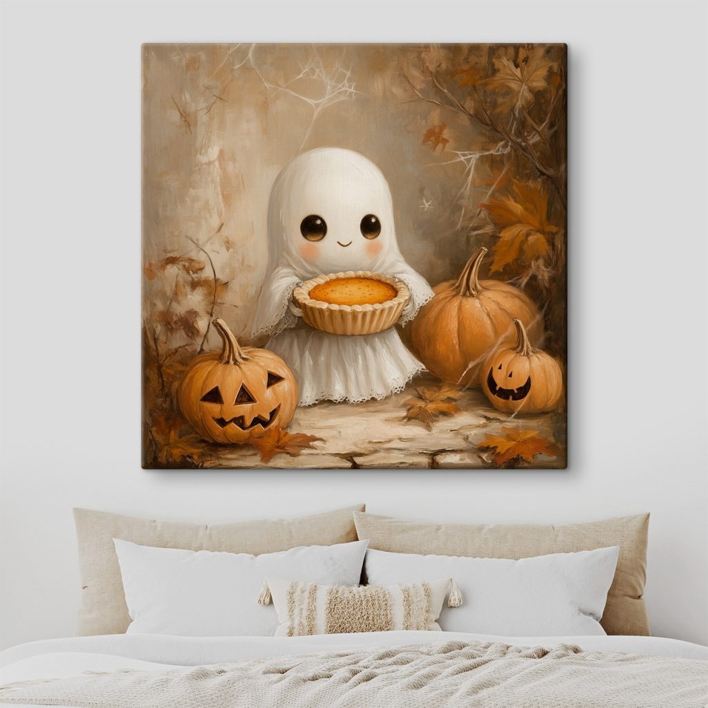 Painting of a ghost holding a pie