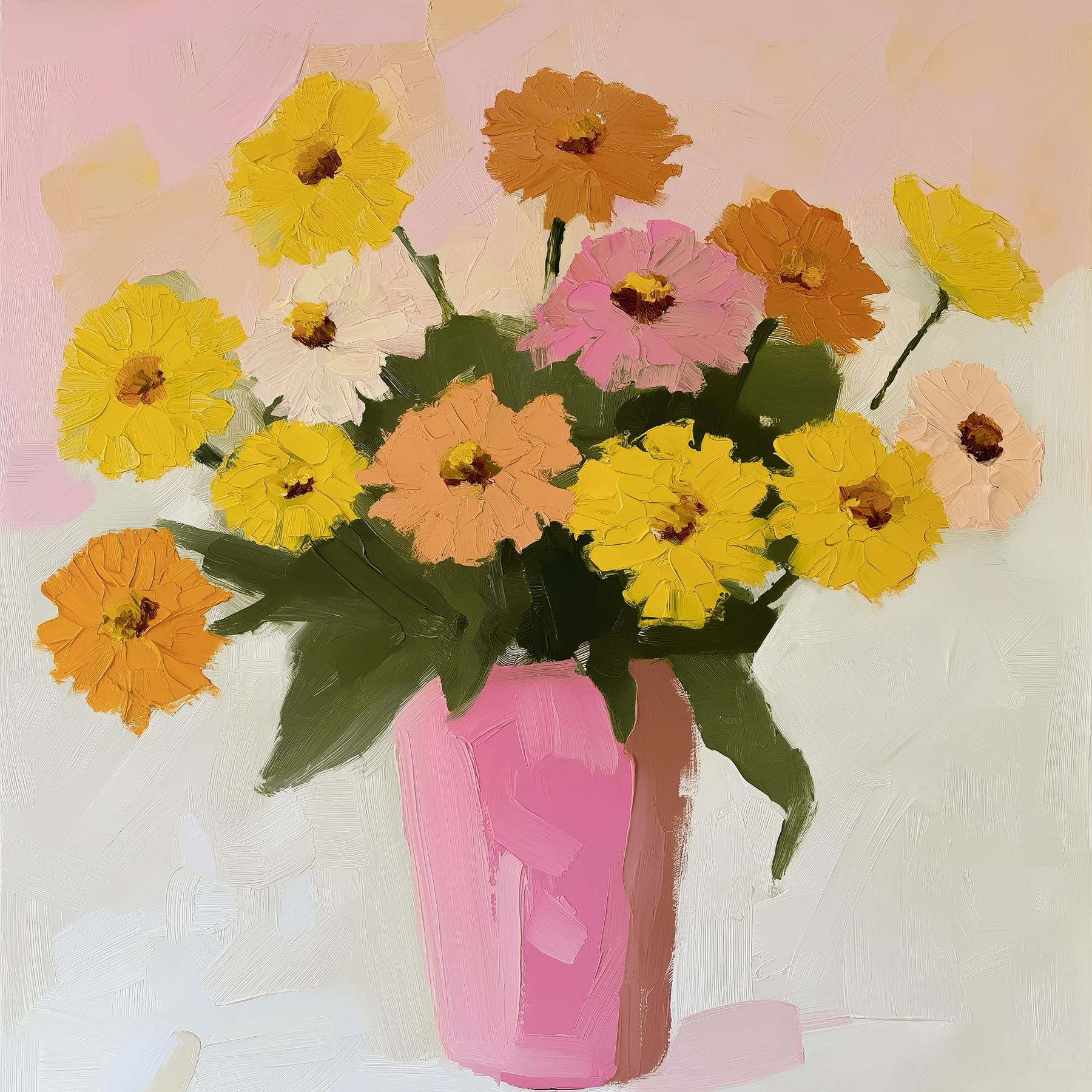 Painting of flowers in a pink vase