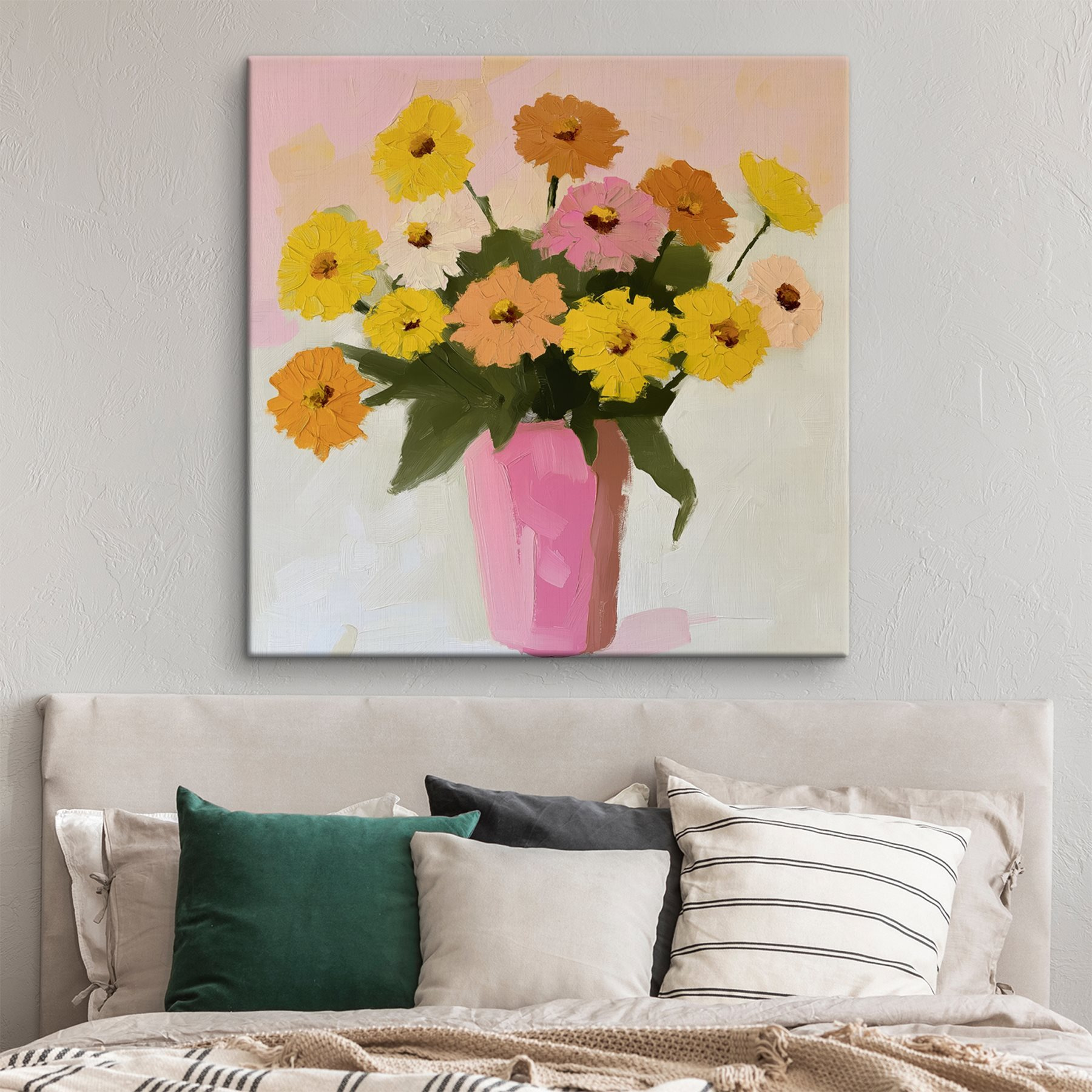 Painting of flowers in a pink vase