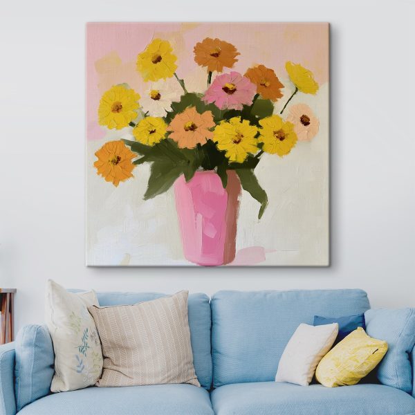 Painting of flowers in a pink vase