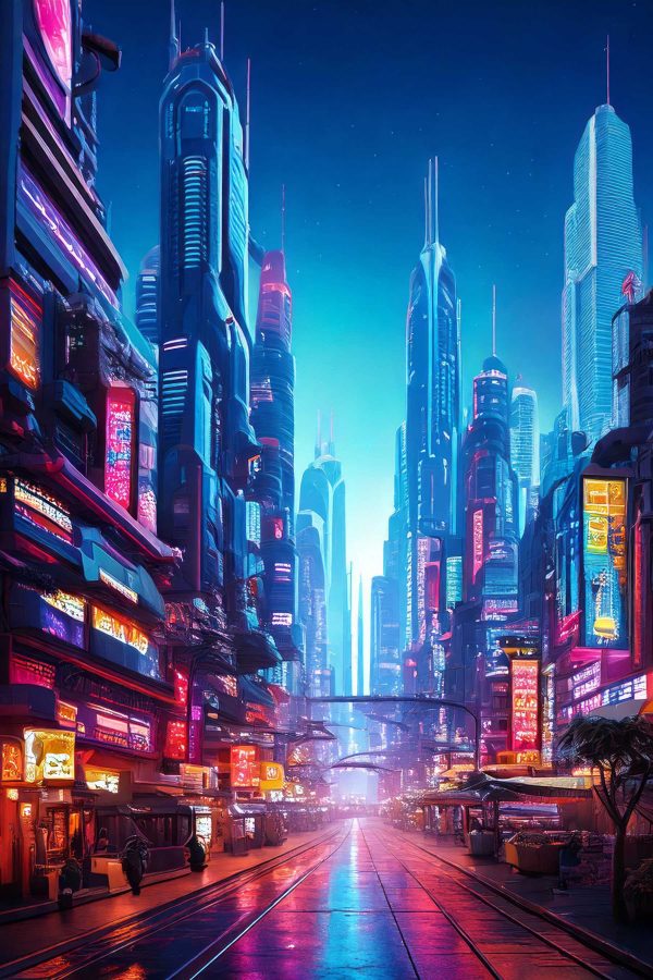 City street with many tall buildings
