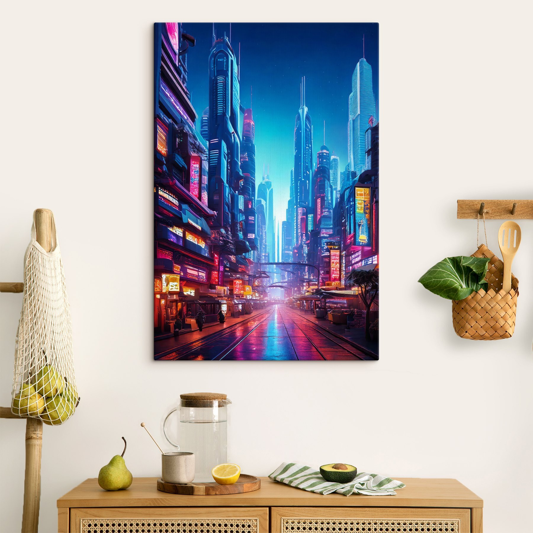 City street with many tall buildings