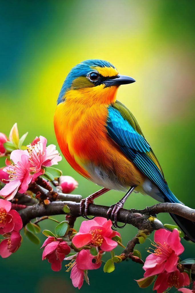 Colorful bird on a branch with pink flowers Colorful bird on a branch with pink flowers