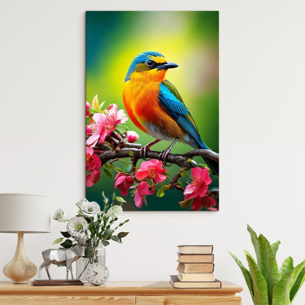Colorful bird on a branch with pink flowers Colorful bird on a branch with pink flowers