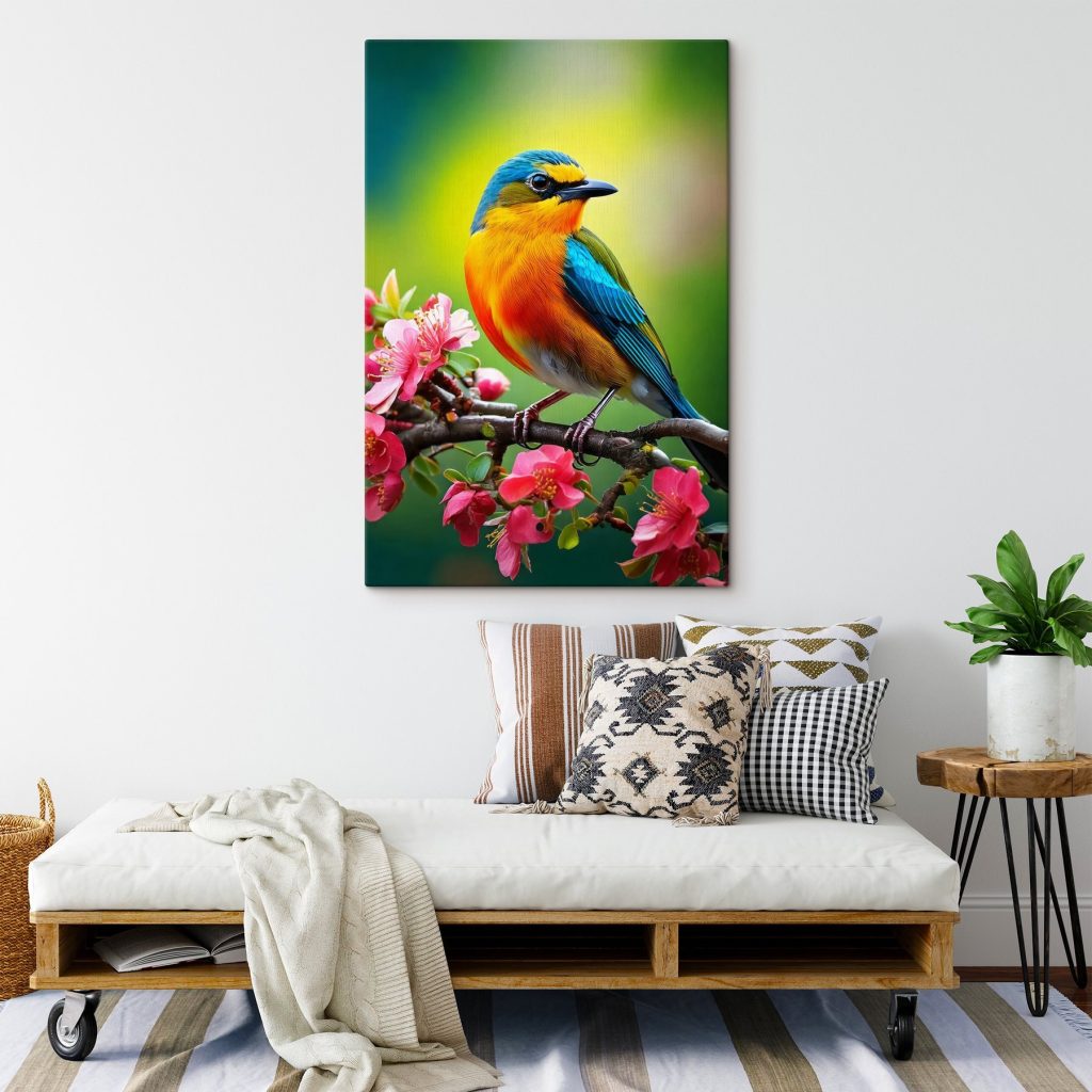 Colorful bird on a branch with pink flowers Colorful bird on a branch with pink flowers