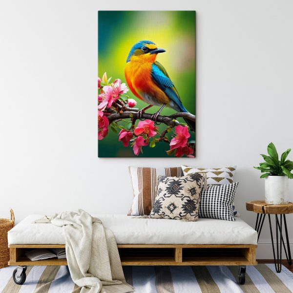 Colorful bird on a branch with pink flowers Colorful bird on a branch with pink flowers