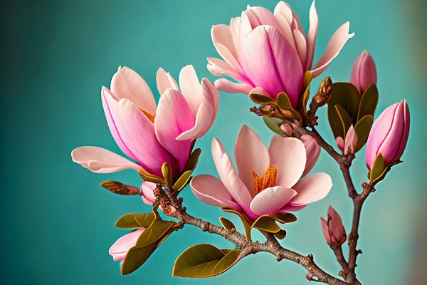 Magnolias bloom against teal sky