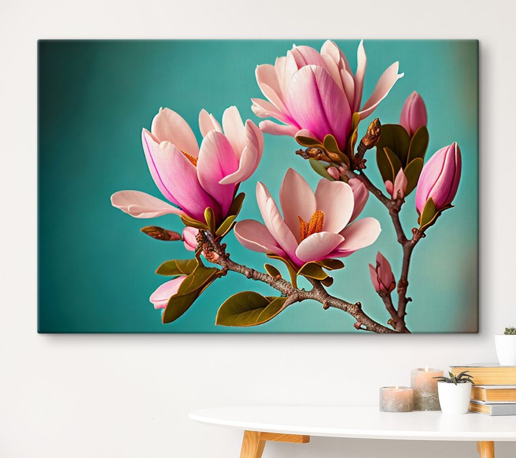 Magnolias bloom against teal sky