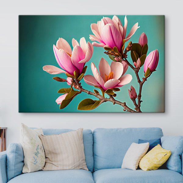 Magnolias bloom against teal sky