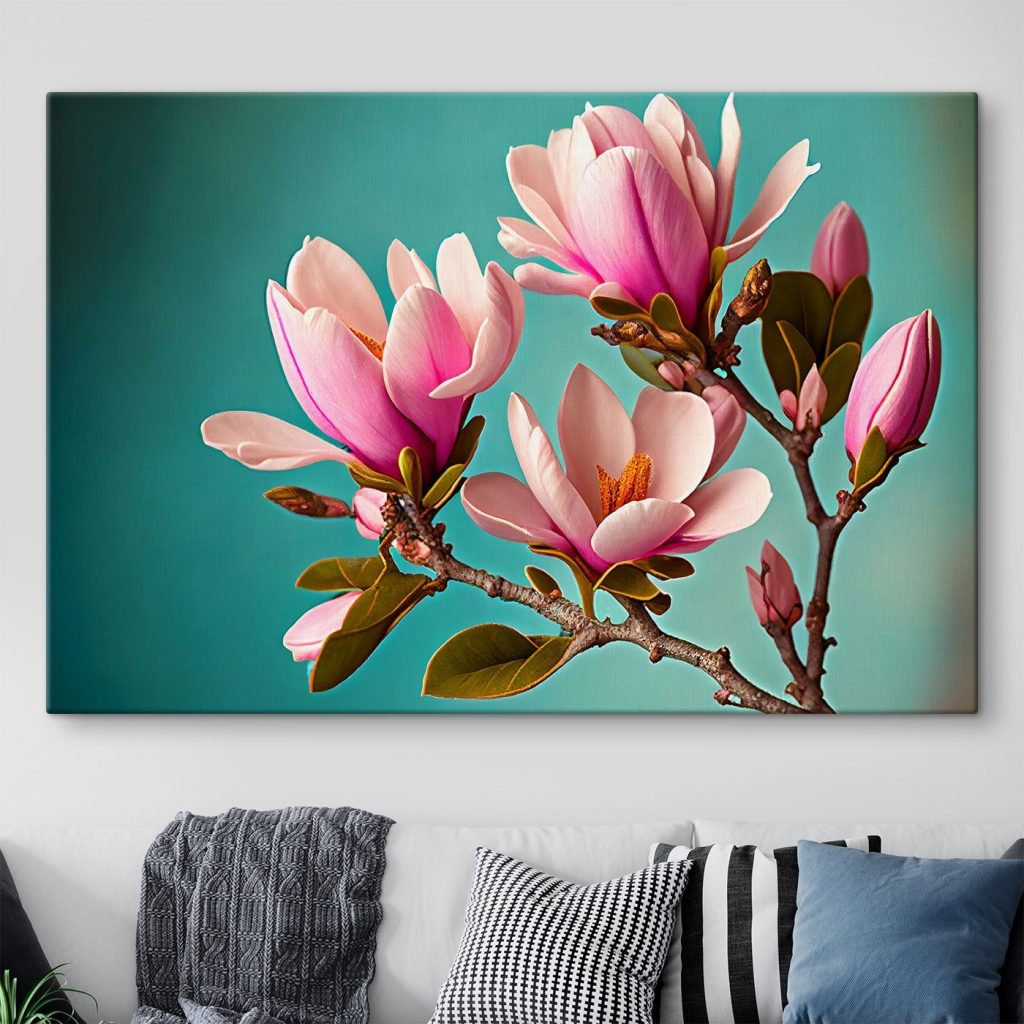 Magnolias bloom against teal sky