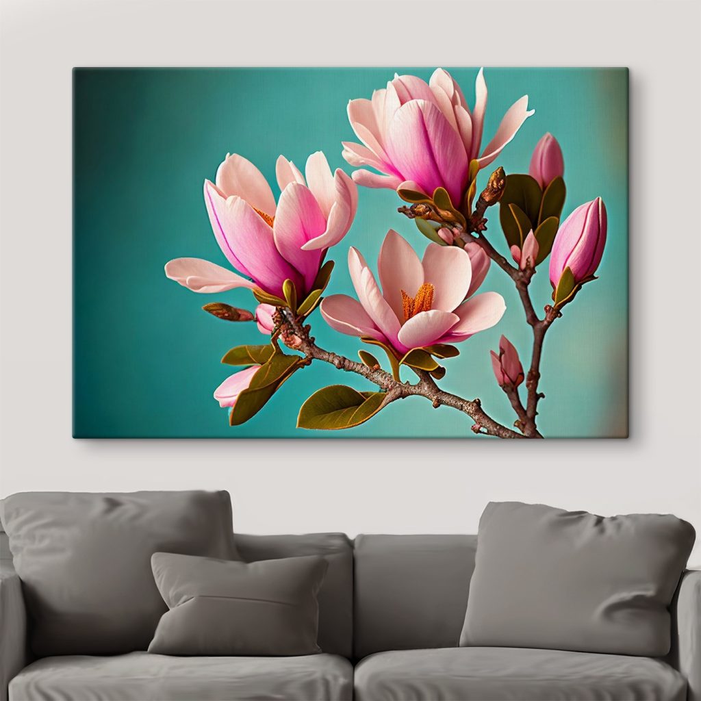 Magnolias bloom against teal sky