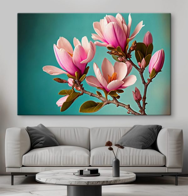 Magnolias bloom against teal sky