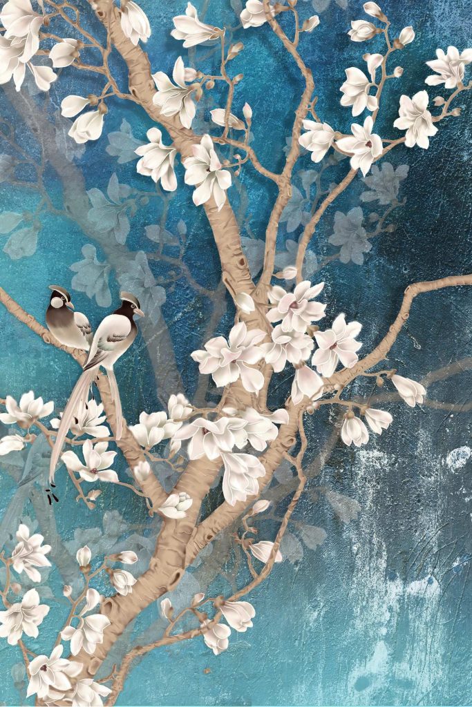 Tree with white flowers and birds