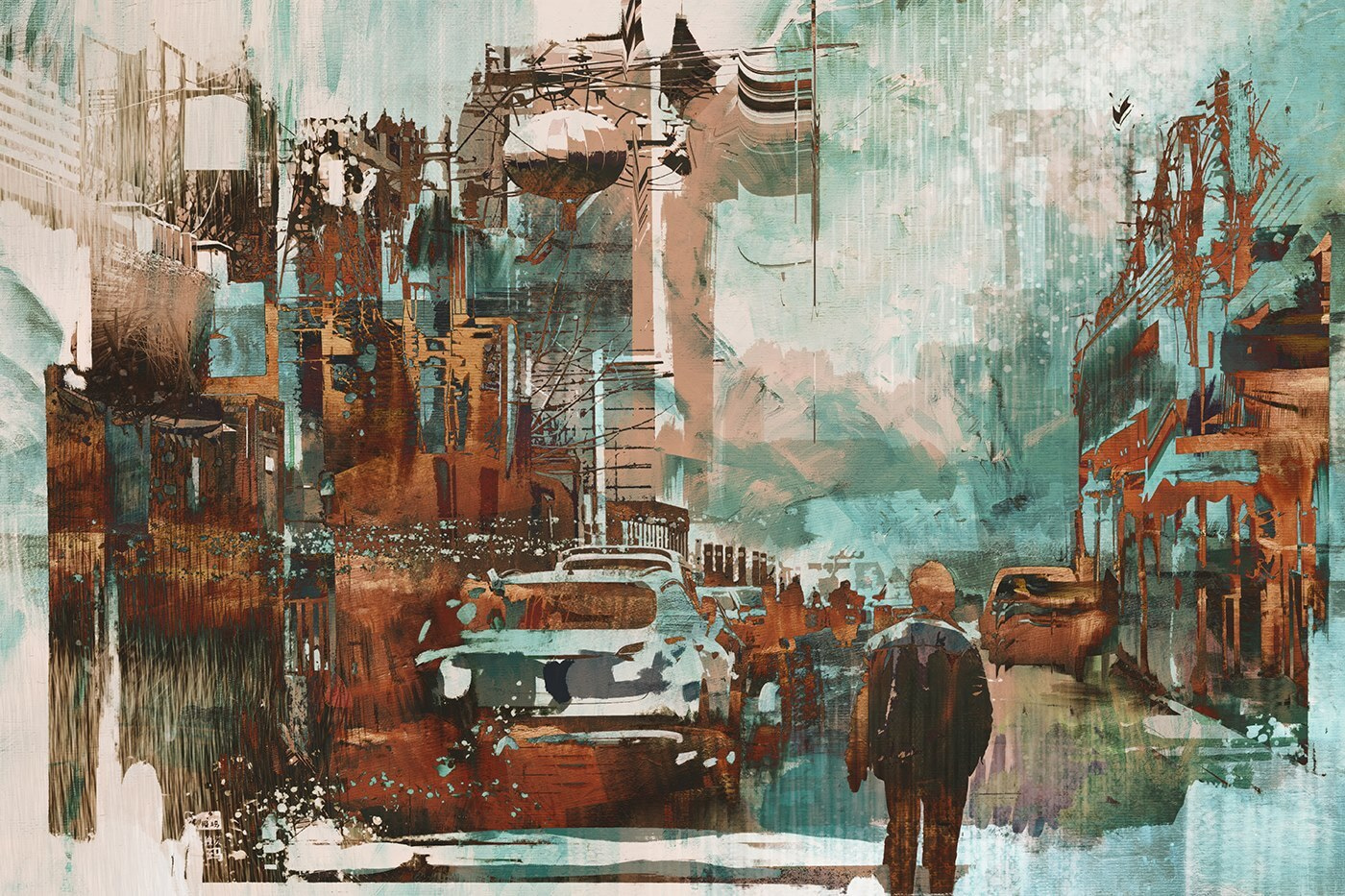 Man walking down a street with cars and buildings Man walking down a street with cars and buildings