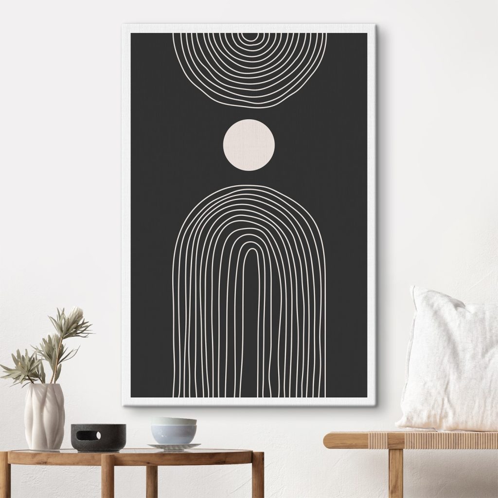 Black and white poster with a white circle and a black and white rainbow