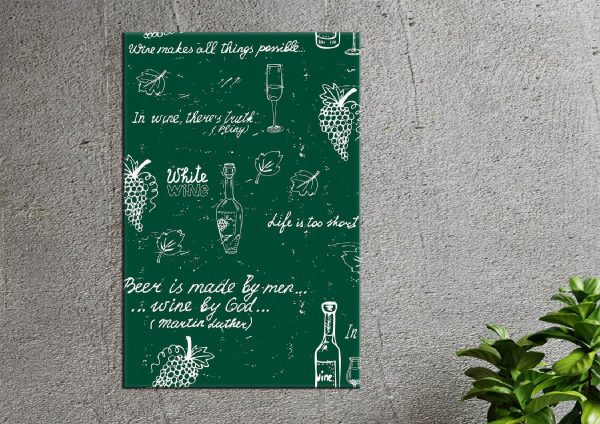 Lavagna verde con testo bianco e una bottiglia di vino Quadri Lavagna verde con testo bianco e una bottiglia di vino