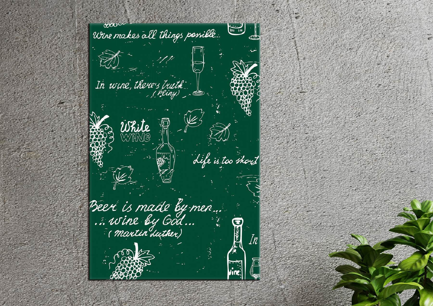 Green chalkboard with white text and a bottle of wine Green chalkboard with white text and a bottle of wine