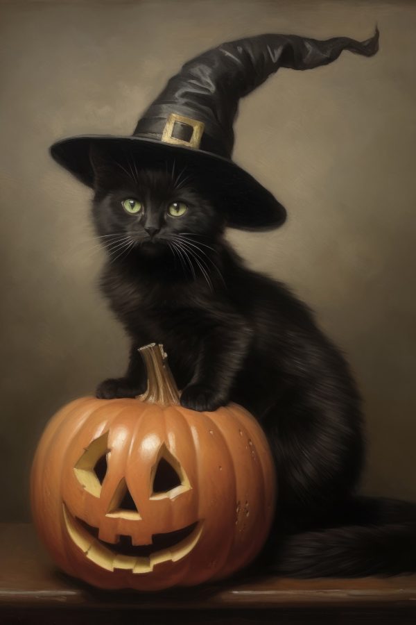 Cat wearing a person hat and sitting on a pumpkin Cat wearing a person hat and sitting on a pumpkin