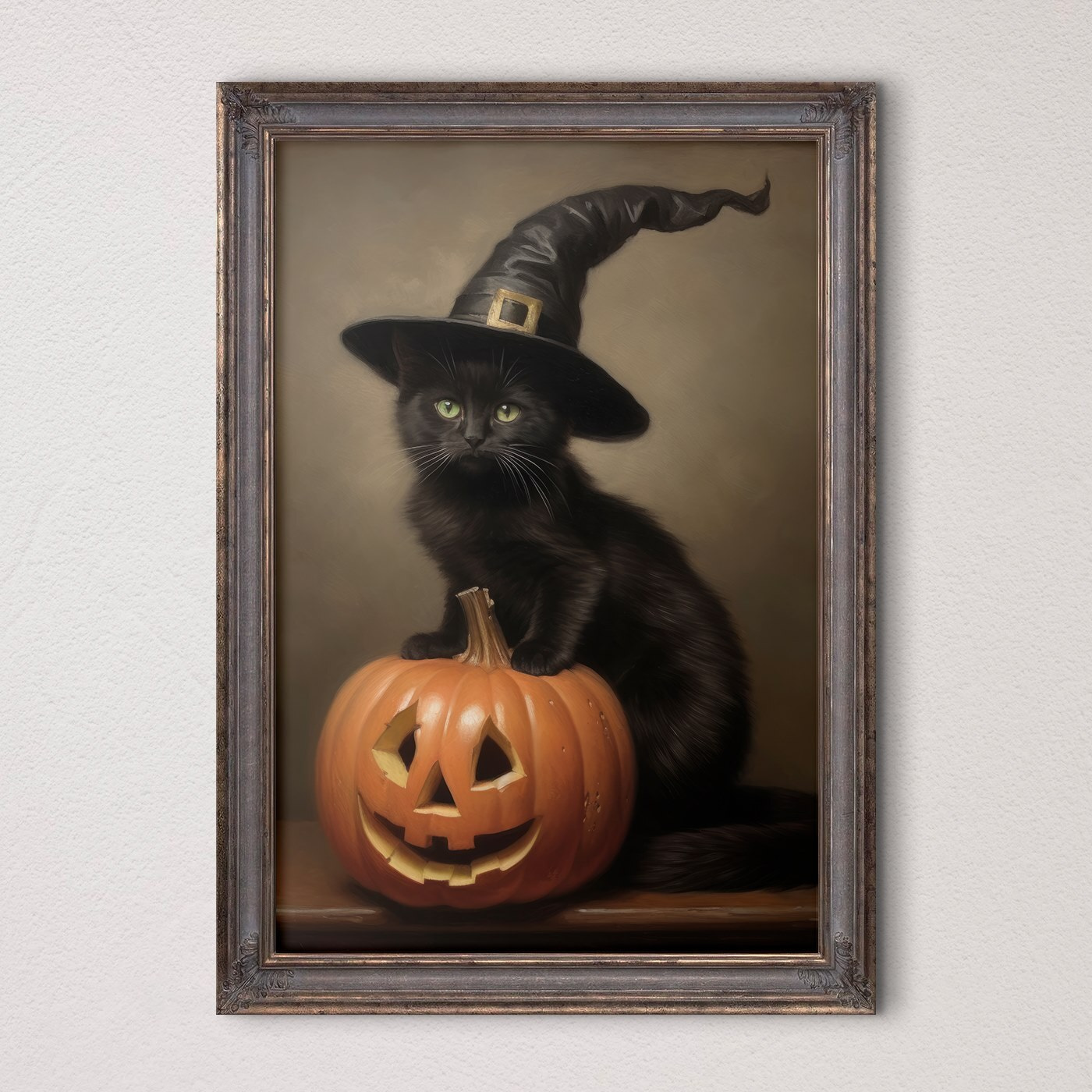Cat wearing a person hat and sitting on a pumpkin Cat wearing a person hat and sitting on a pumpkin