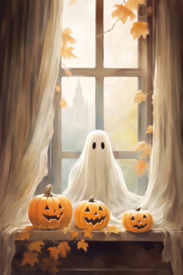 Group of pumpkins and a ghost sitting on a window sill Group of pumpkins and a ghost sitting on a window sill