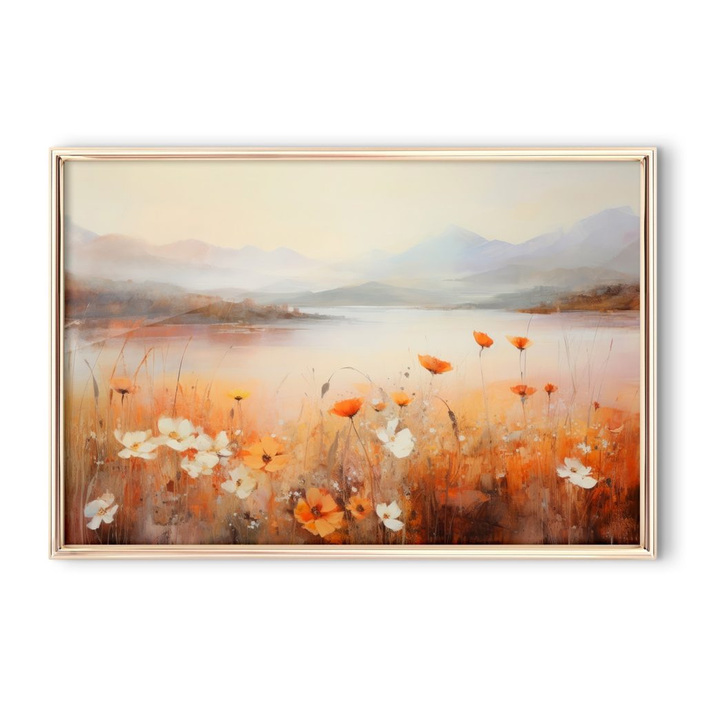Painting of flowers by a lake