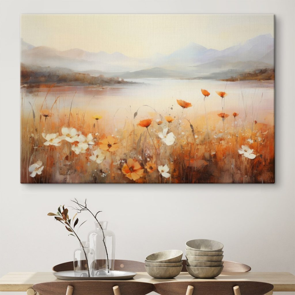 Painting of flowers by a lake