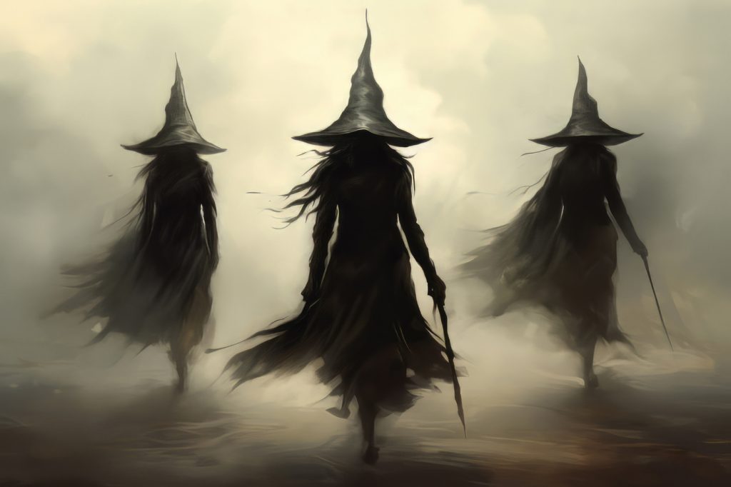 Group of women in black robes and hats walking in fog Group of women in black robes and hats walking in fog