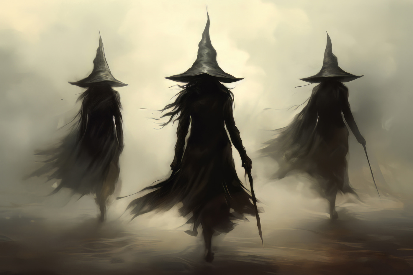 Group of women in black robes and hats walking in fog Group of women in black robes and hats walking in fog