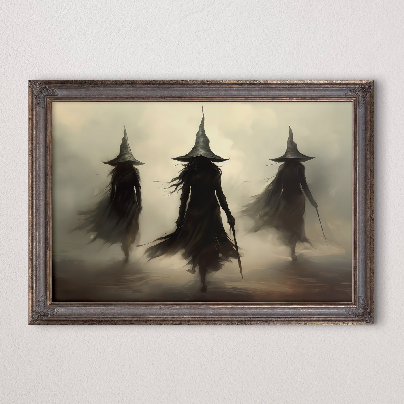 Group of women in black robes and hats walking in fog Group of women in black robes and hats walking in fog