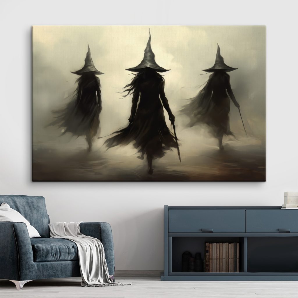 Group of women in black robes and hats walking in fog Group of women in black robes and hats walking in fog