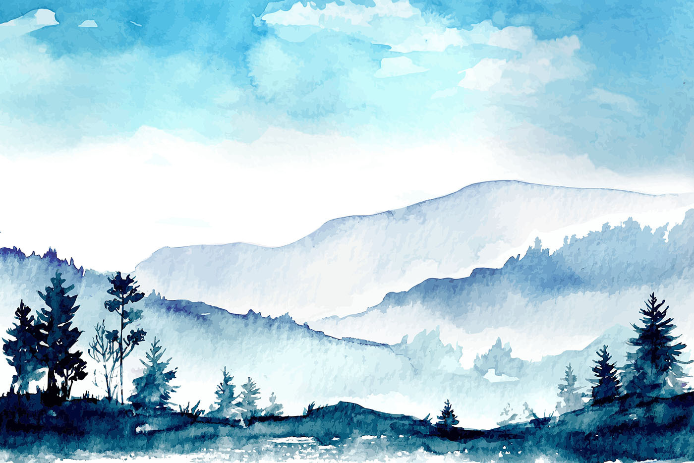 Watercolor of a mountain range and trees