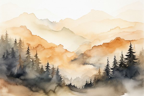 Watercolor painting of trees and mountains Watercolor painting of trees and mountains