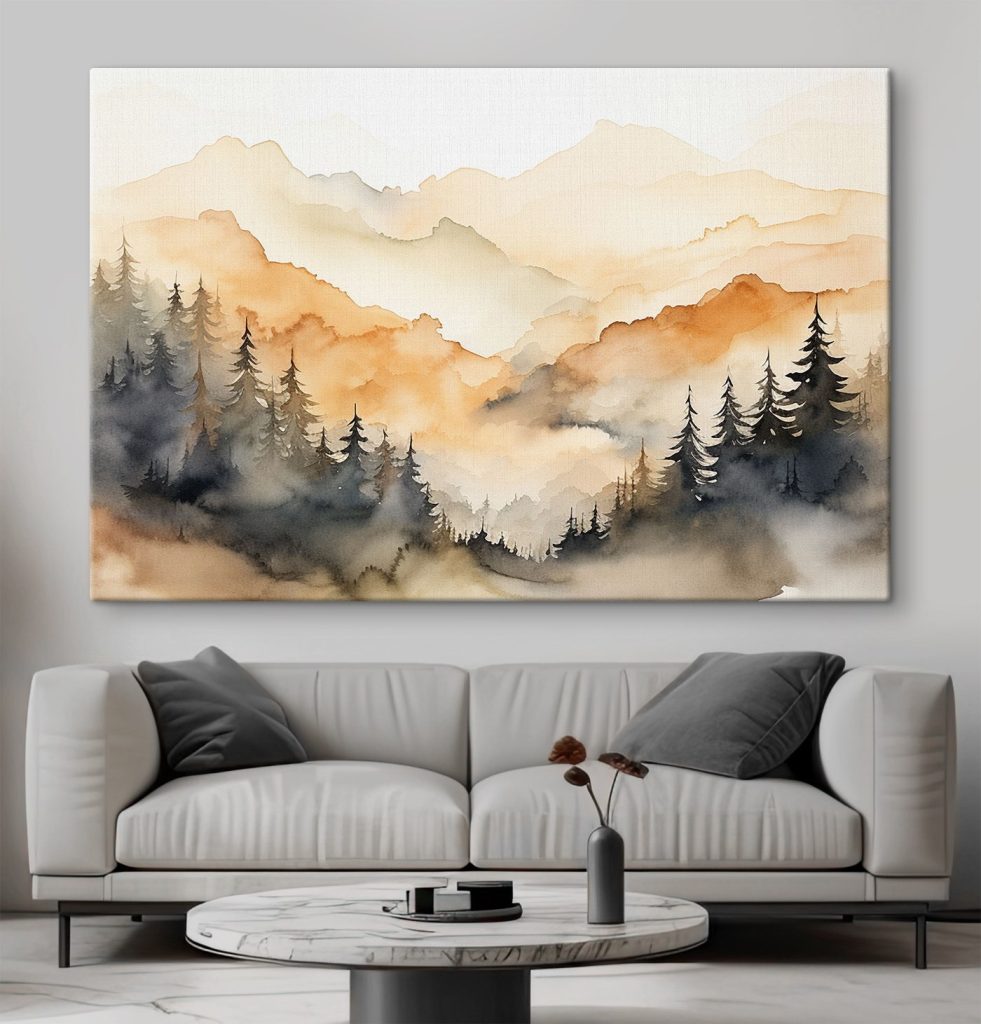 Watercolor painting of trees and mountains Watercolor painting of trees and mountains