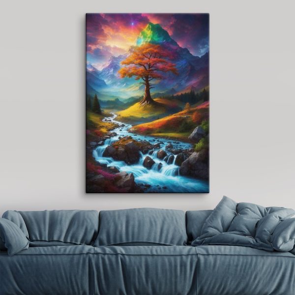 River running through a valley with a tree in the middle River running through a valley with a tree in the middle