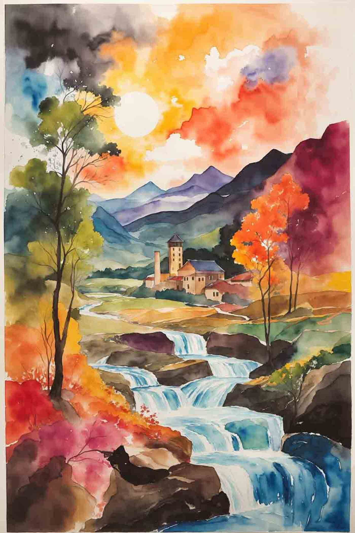 Watercolor painting of a house and a river Watercolor painting of a house and a river