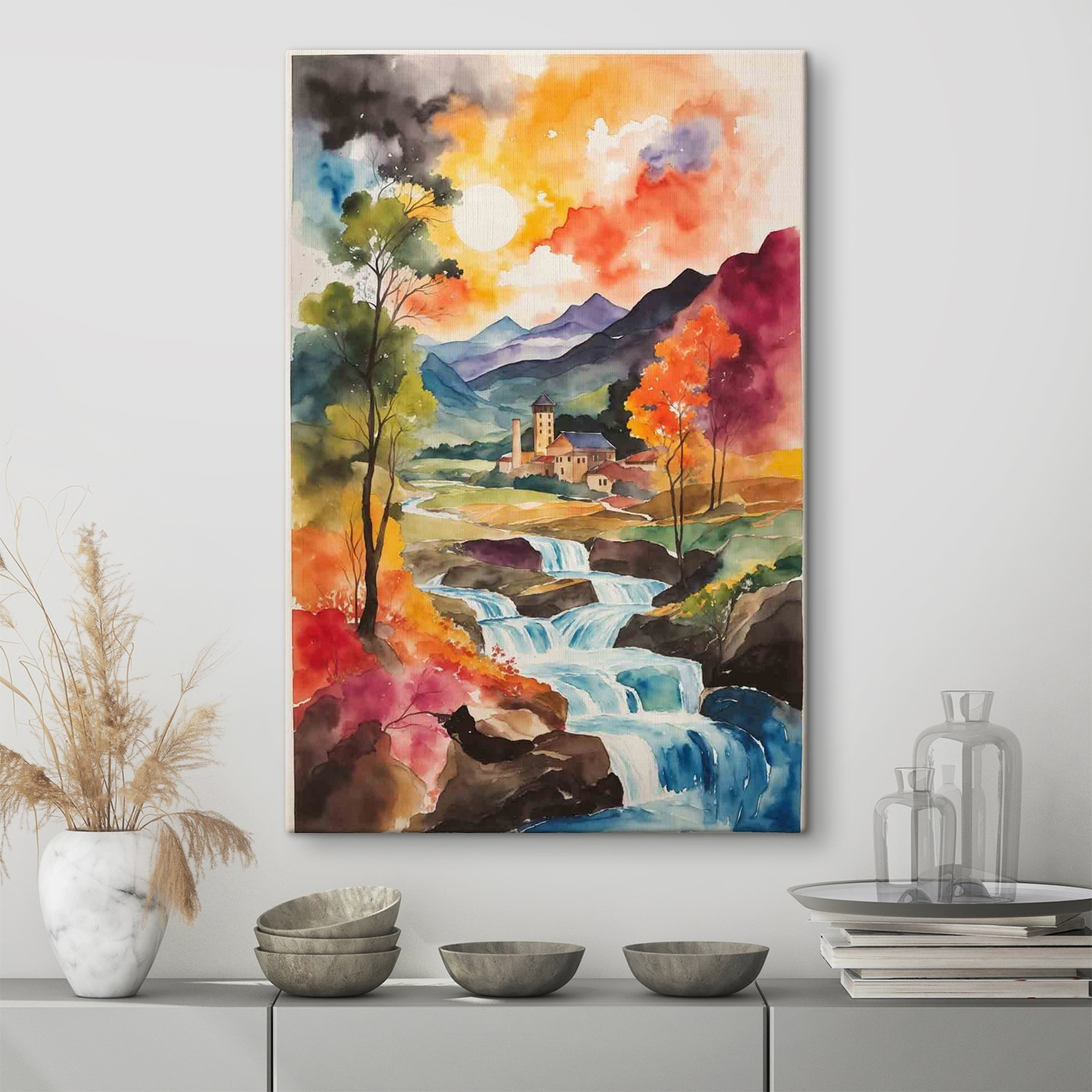 Watercolor painting of a house and a river Watercolor painting of a house and a river