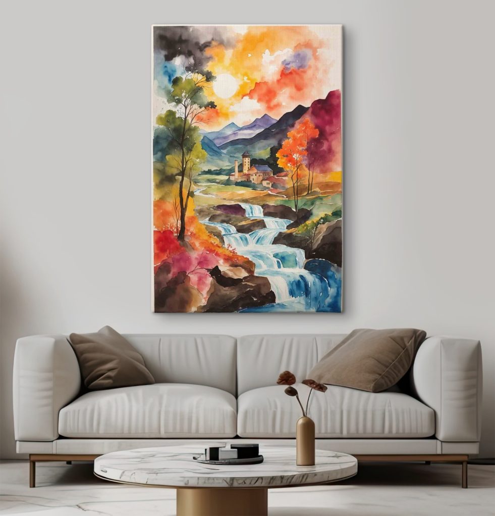 Watercolor painting of a house and a river Watercolor painting of a house and a river