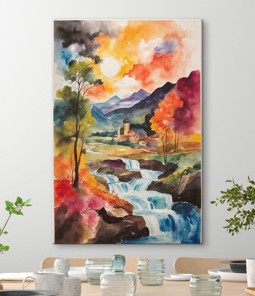 Watercolor painting of a house and a river Watercolor painting of a house and a river