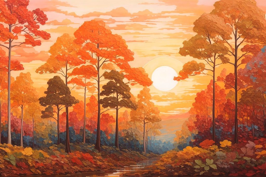 Painting of a forest with trees and a river