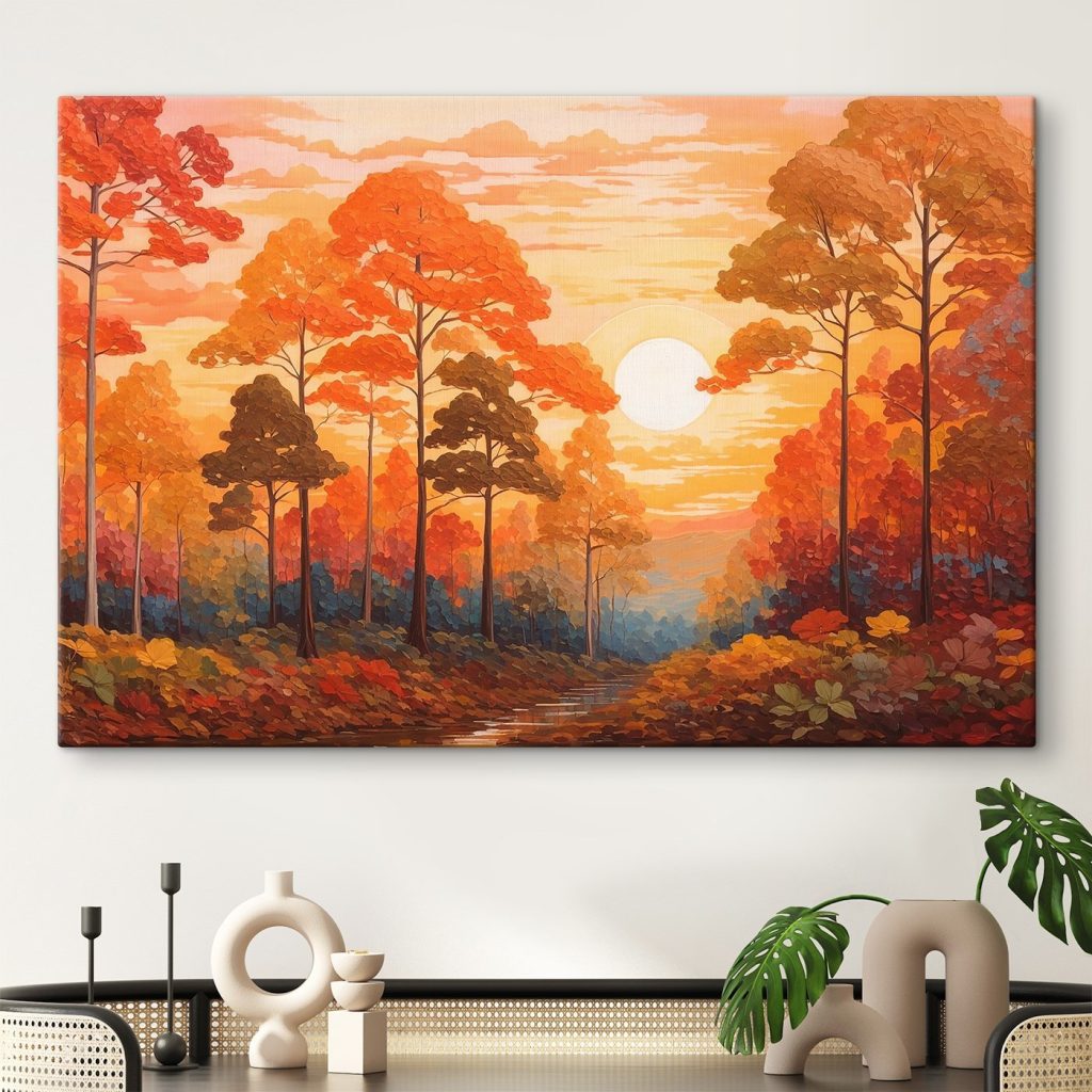 Painting of a forest with trees and a river