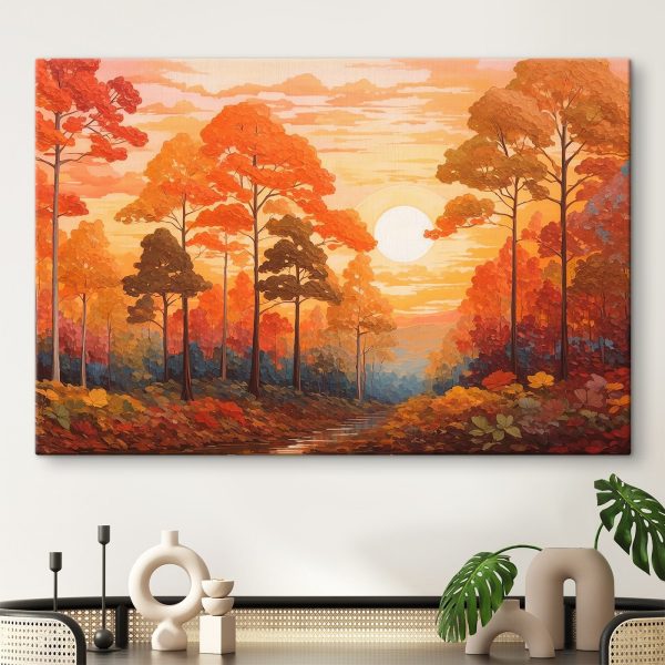 Painting of a forest with trees and a river