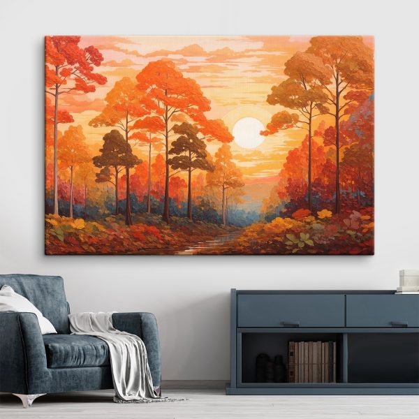 Painting of a forest with trees and a river