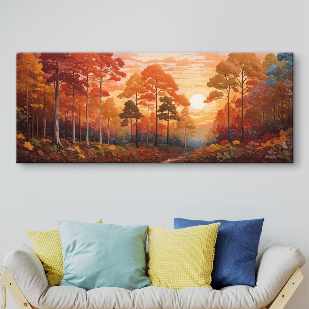 Painting of a forest with trees and a river