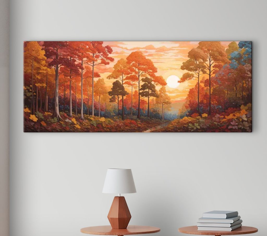 Painting of a forest with trees and a river