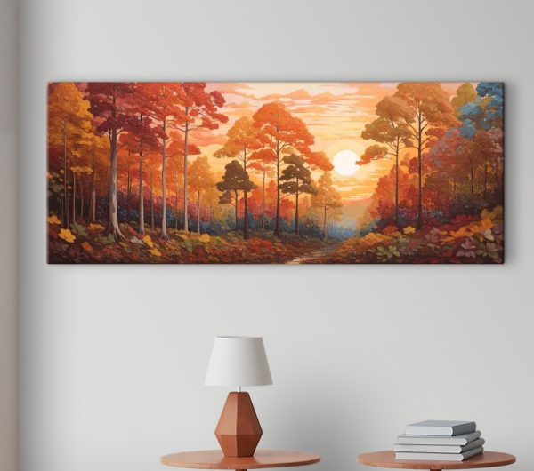 Painting of a forest with trees and a river