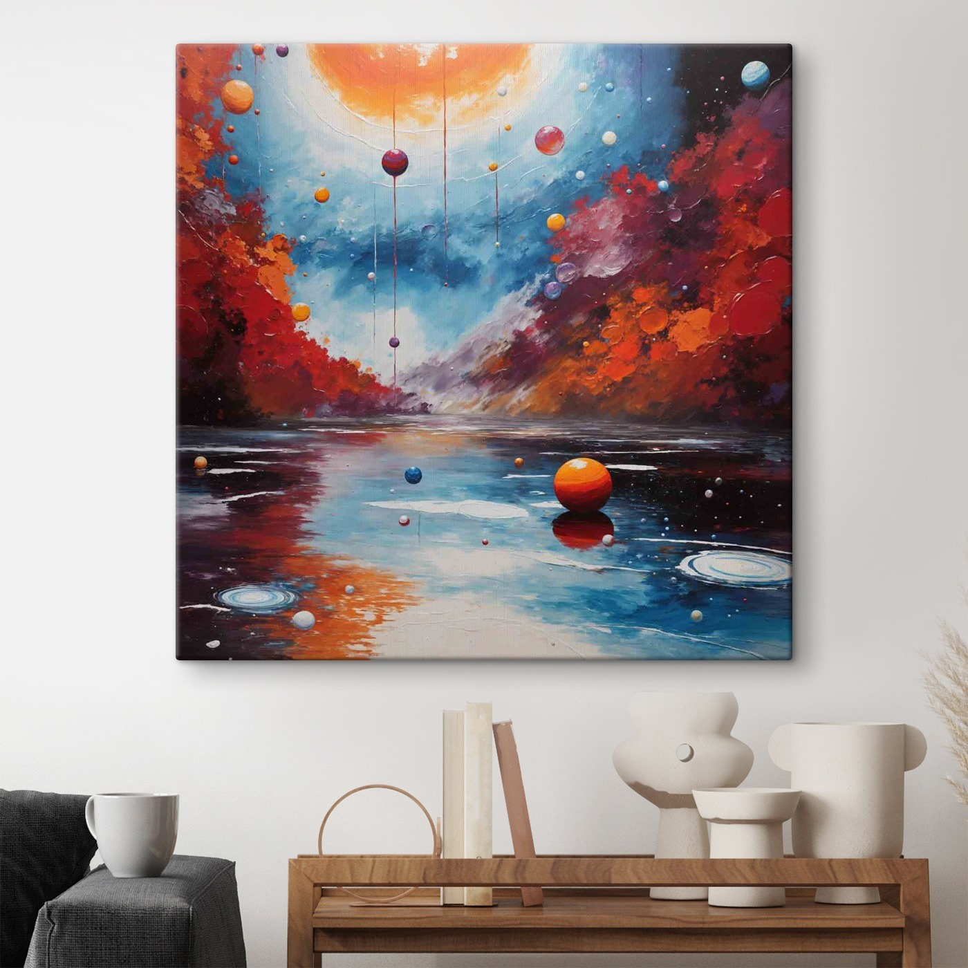 Painting of a lake with colorful balls and lights Painting of a lake with colorful balls and lights