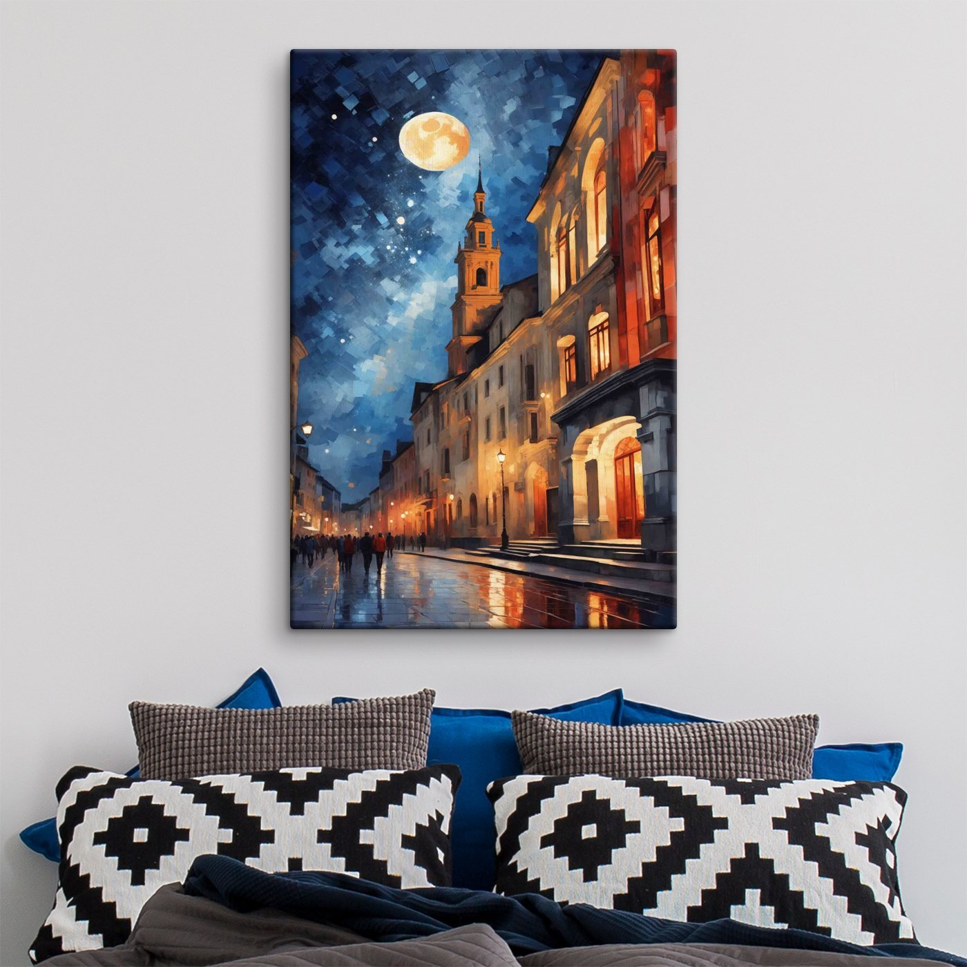 Street with buildings and a moon