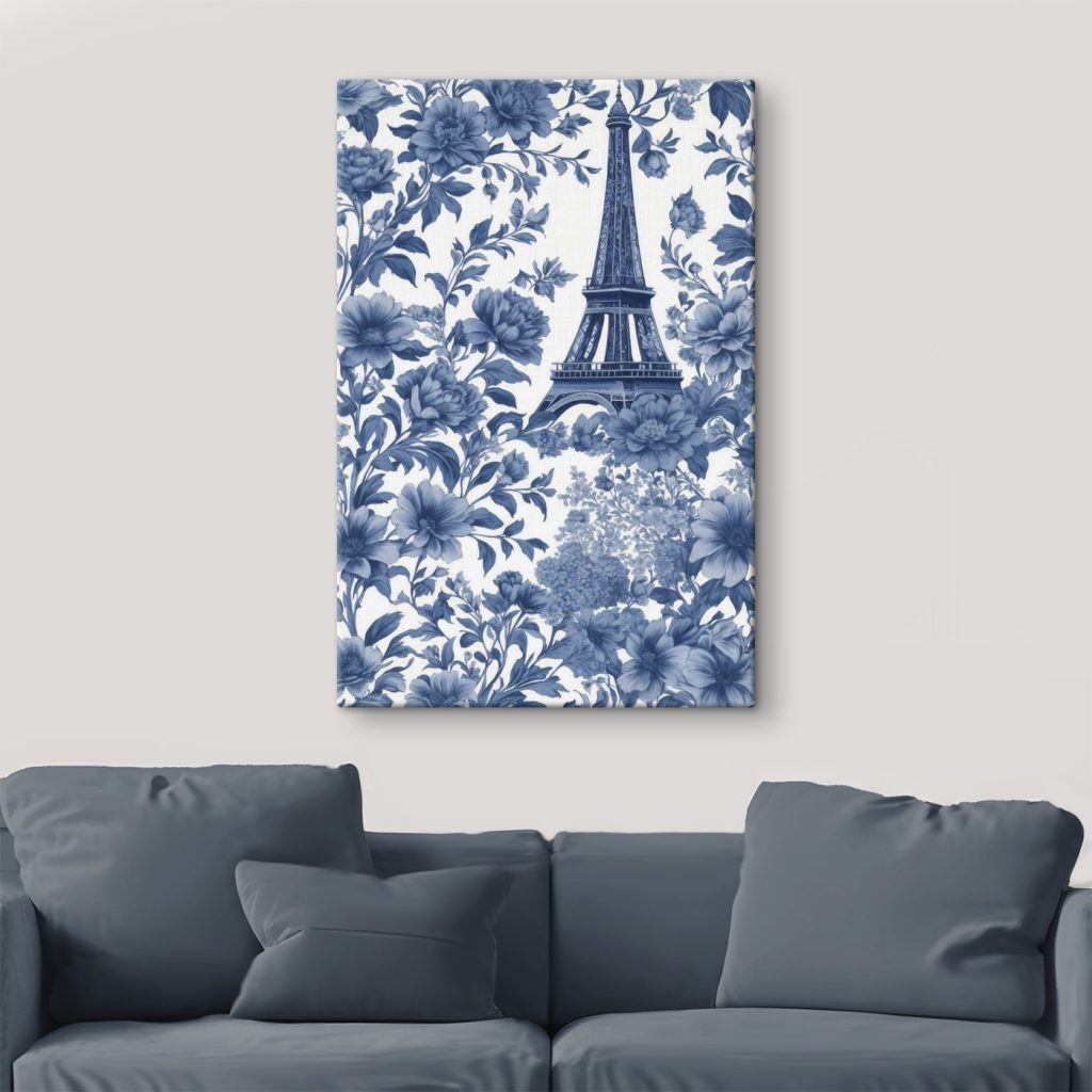 Blue and white floral pattern with a tower Blue and white floral pattern with a tower
