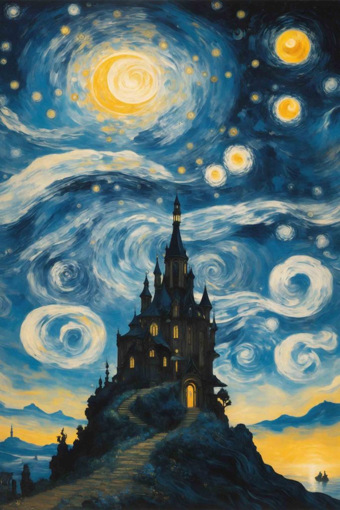 Painting of a castle in the night sky