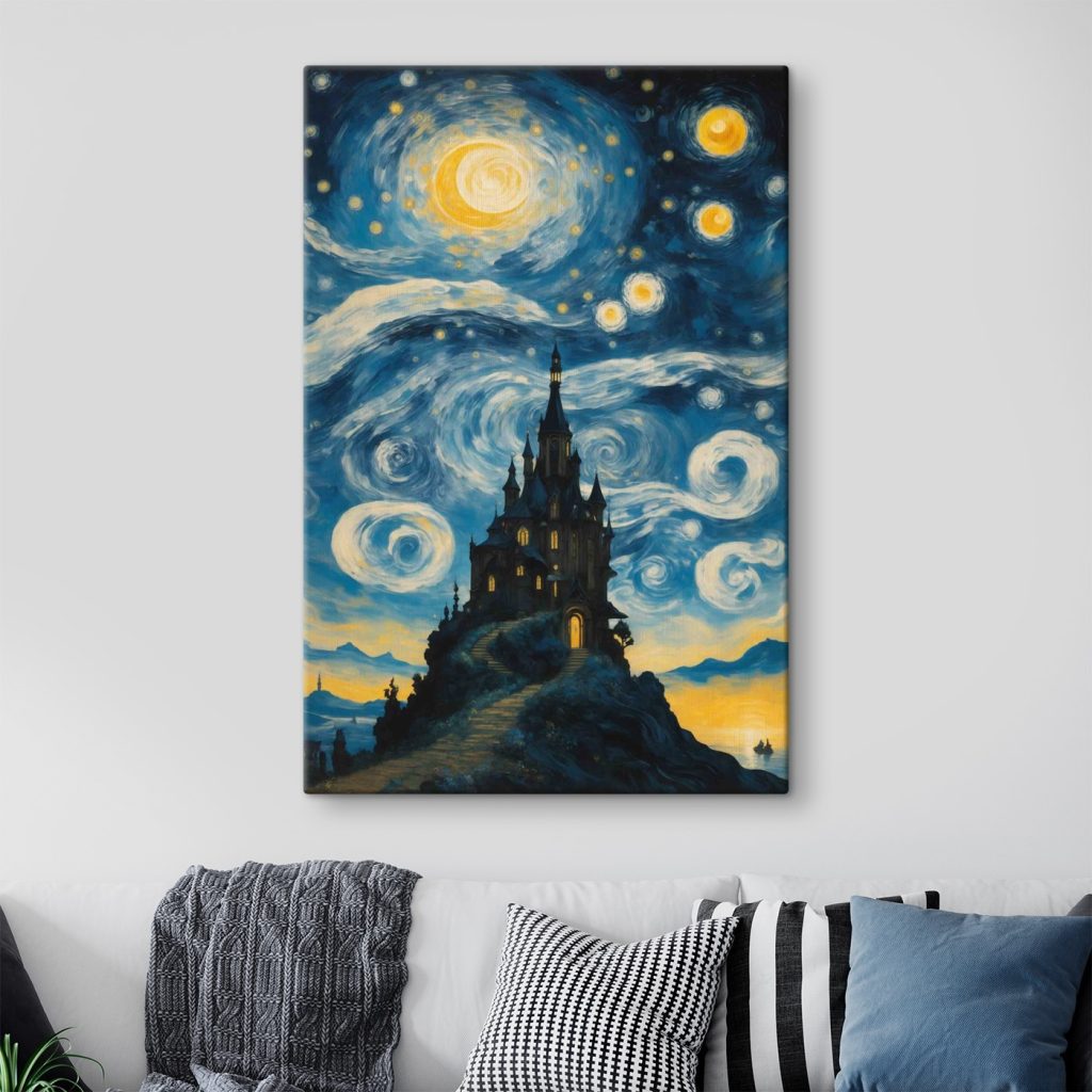 Painting of a castle in the night sky